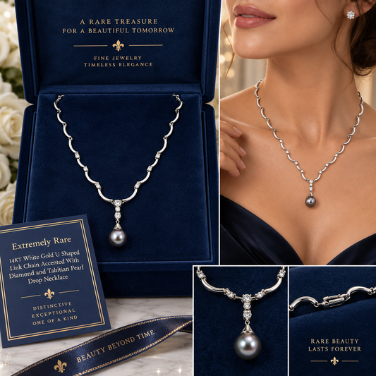 14KT White Gold U Shaped Link Chain Accented With Diamond and Tahitian Pearl Drop Necklace