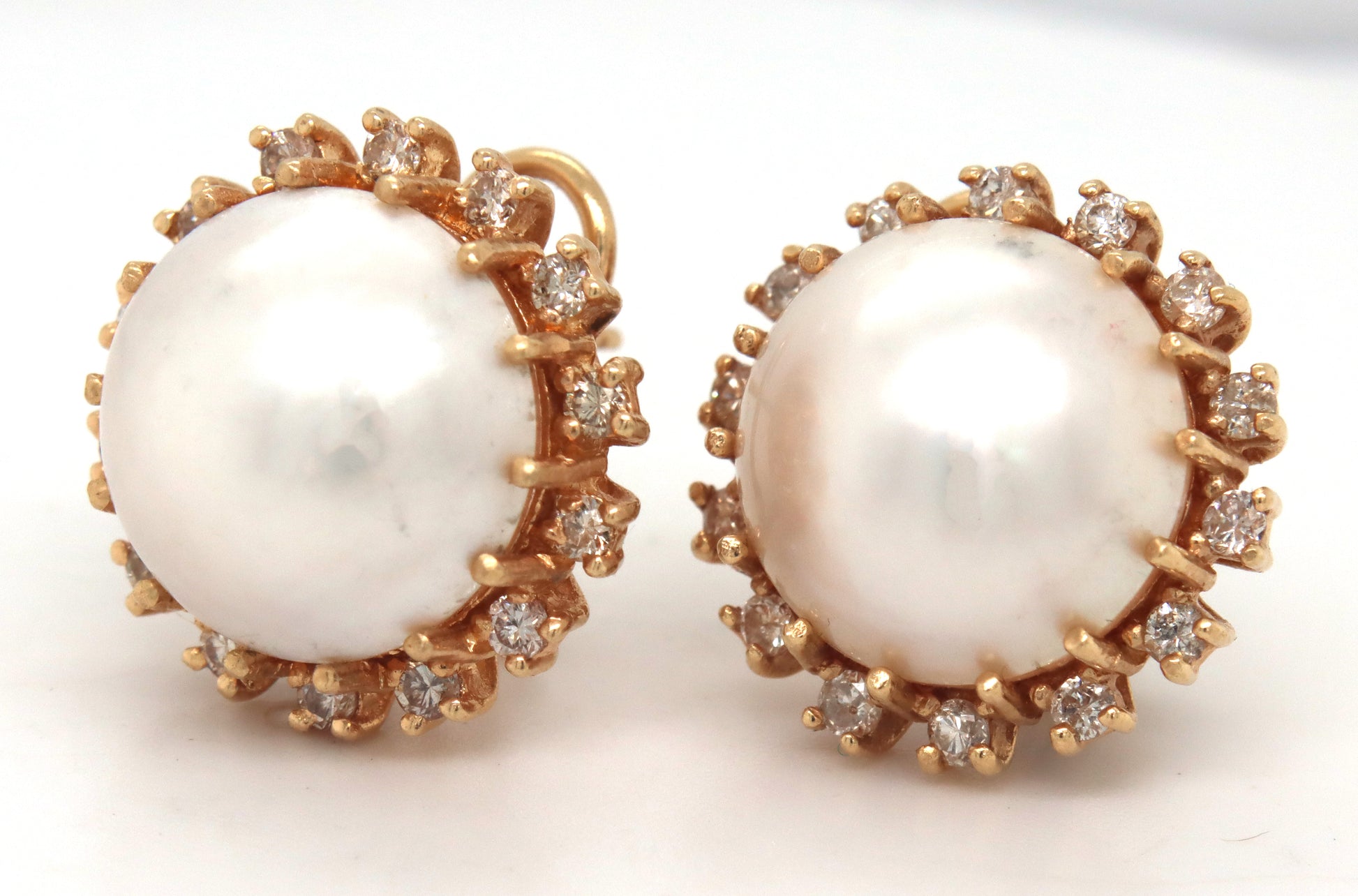 14kt Yellow gold white fresh water button earrings with diamonds