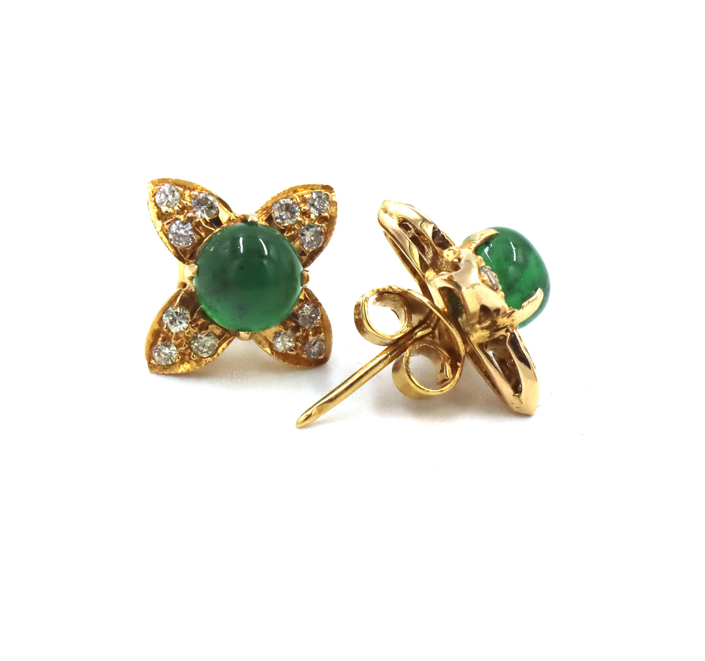 14kt Yellow gold Emerald cab and diamond flower earrings
