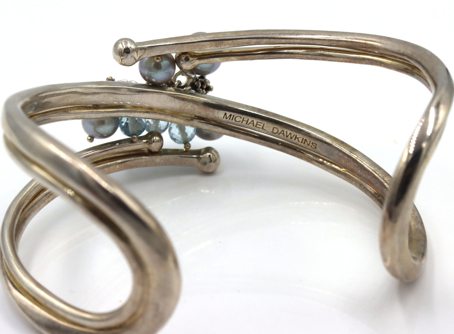 925 Sterling Silver Michael Dawkins Pearl & Blue Topaz Cuff Bracelet