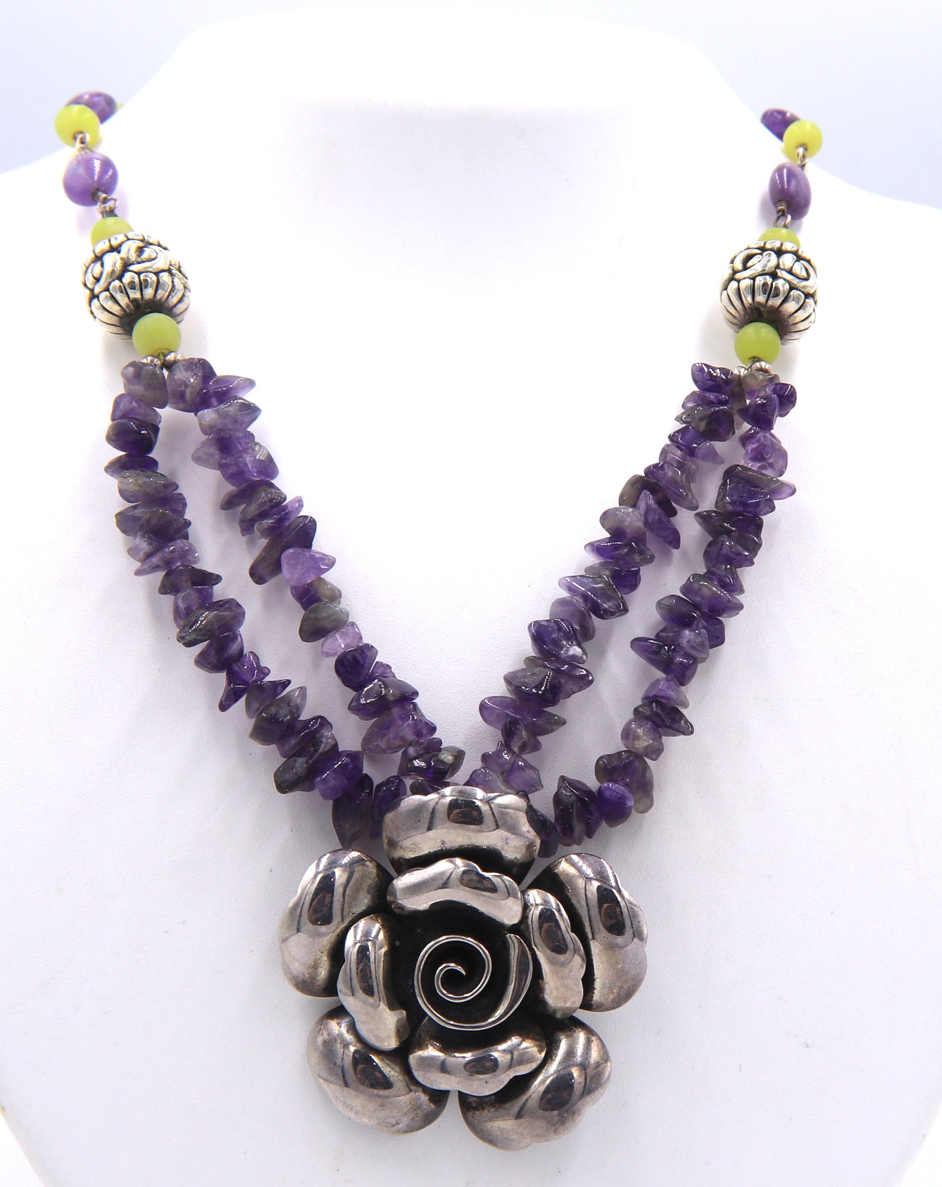 Vintage 925 sterling silver signed Flower pendant on Amethyst beaded necklace