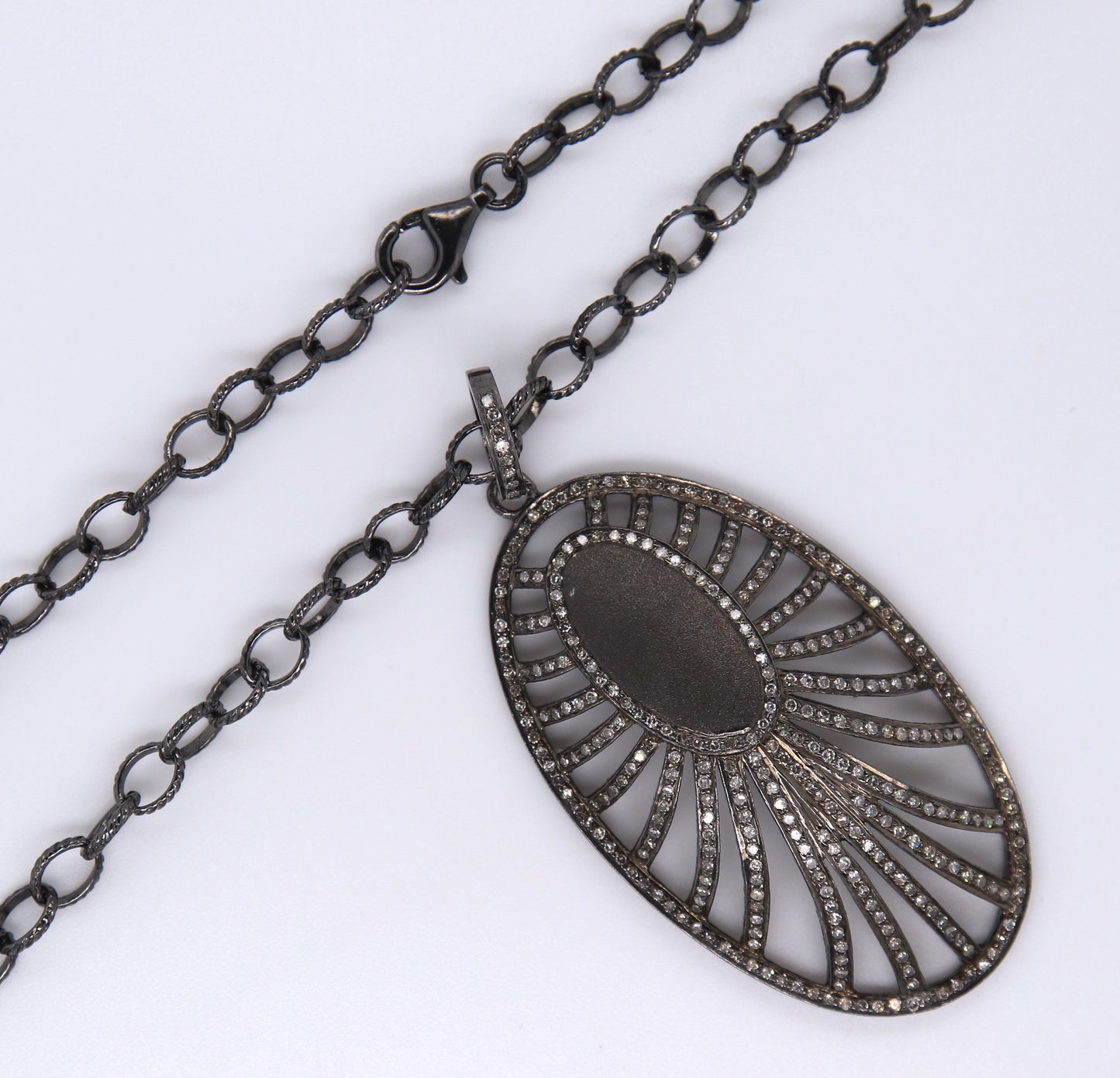 Edgy Oxidized Sterling Silver Openwork Art Deco Style Oval Necklace