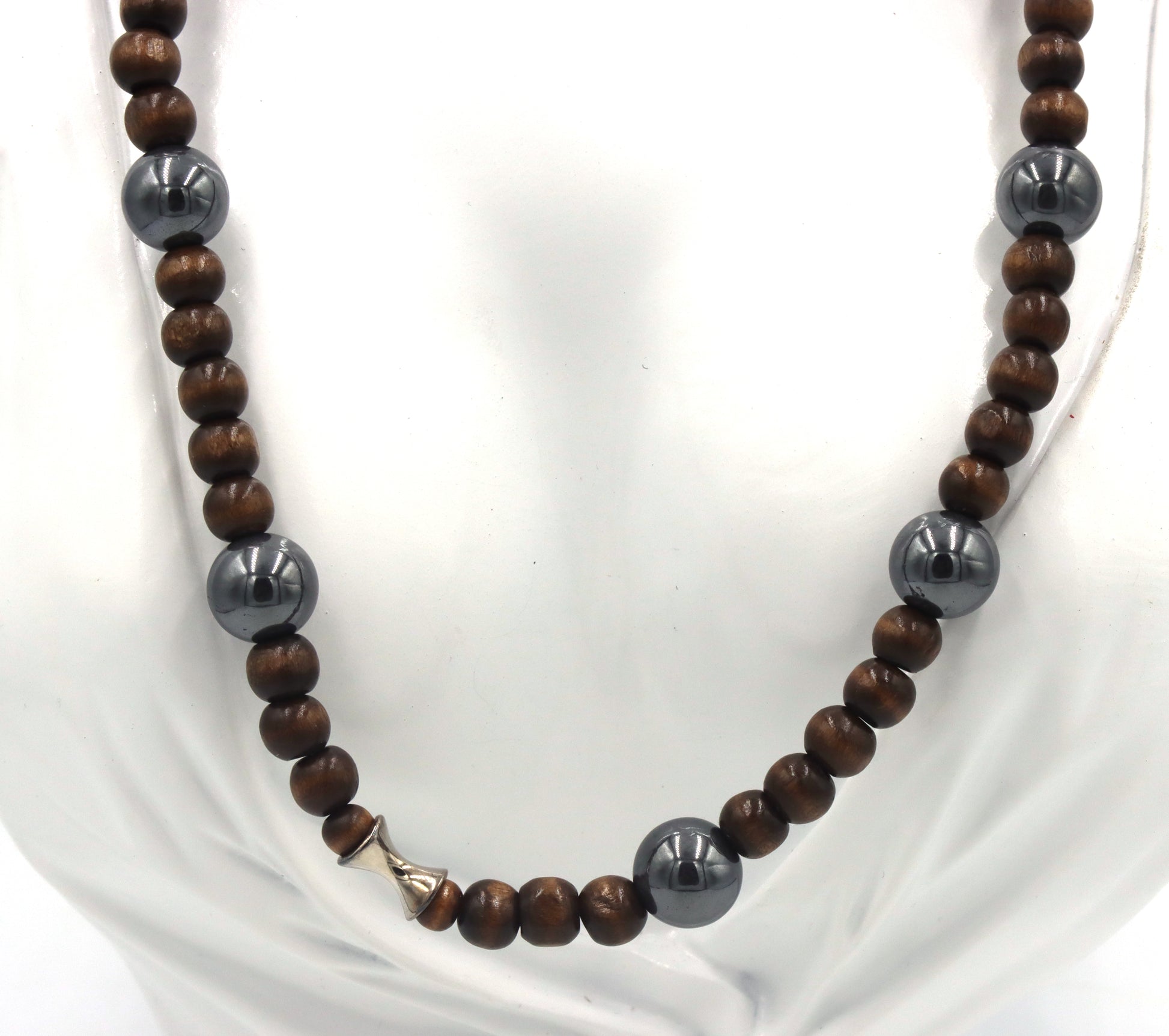 Wooden beads necklace with silver clasp