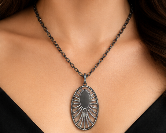 Edgy Oxidized Sterling Silver Openwork Art Deco Style Oval Necklace