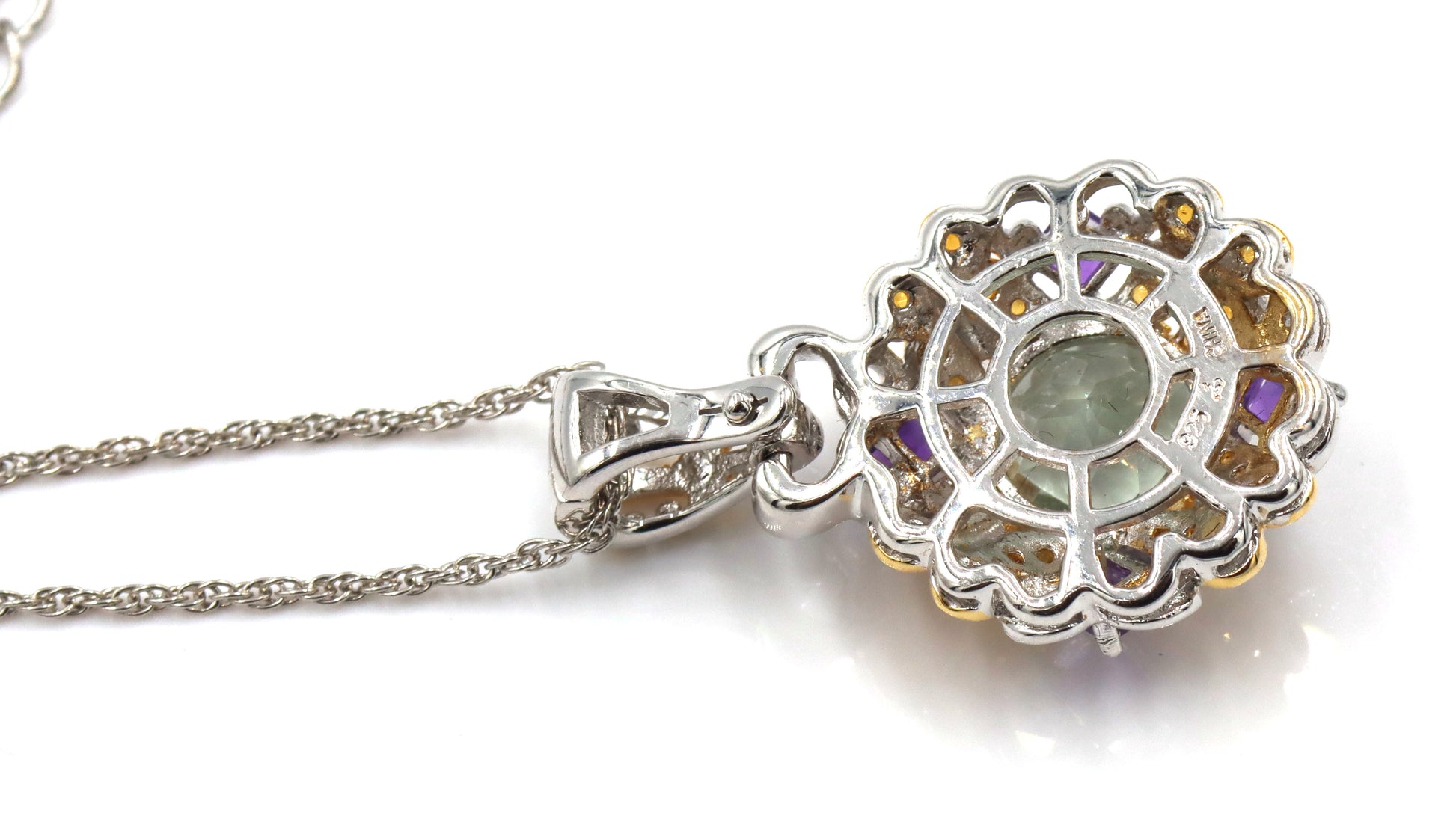 925 Sterling silver signed multi color stone pendant on chain