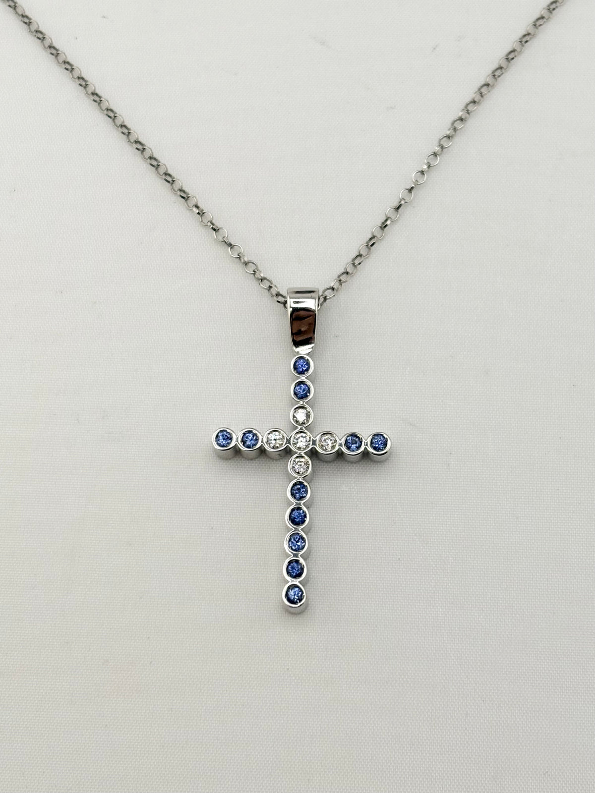 14KT White Gold Bezel Set Natural Diamond And Blue Sapphires  With Cable Style Italian Chain Necklac