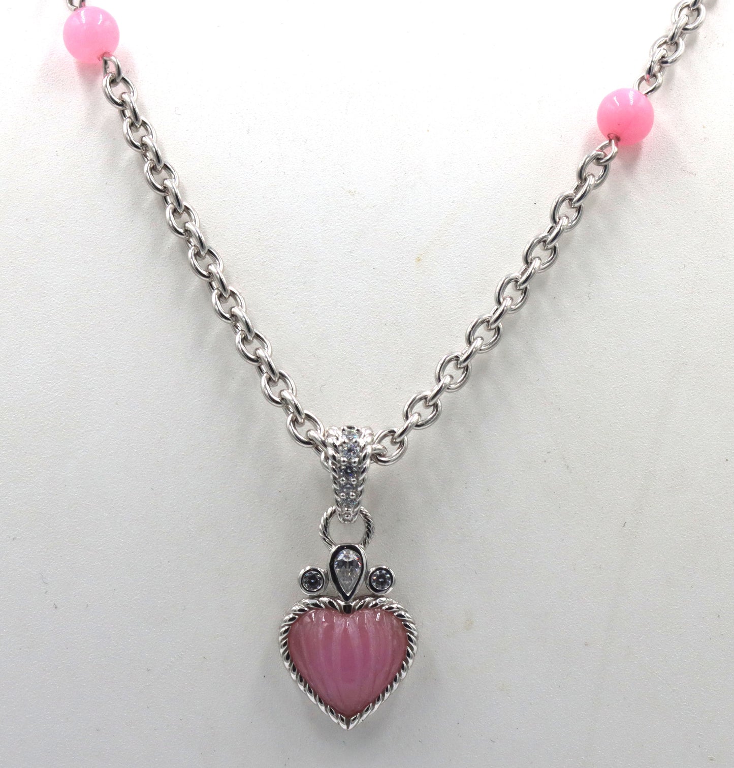 Judith Ripka pink chain necklace with pink heart enhancer