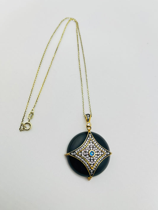925 Black Rhodium Sterling Silver Black Onyx with Crystal Set Rhombus Overlay Pendant Necklace