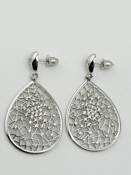 925 Sterling Silver Teardrop Filigree Web Design With Cubic Zircon Earrings