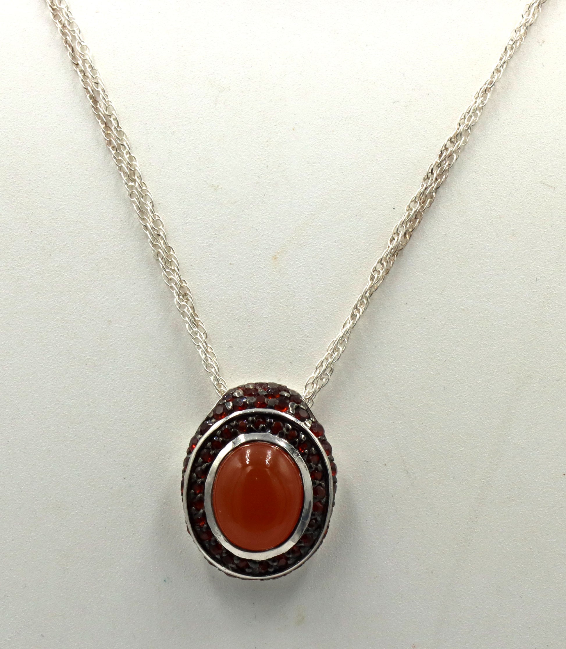 925 Sterling silver signed orange Jade pendant on double chain necklace