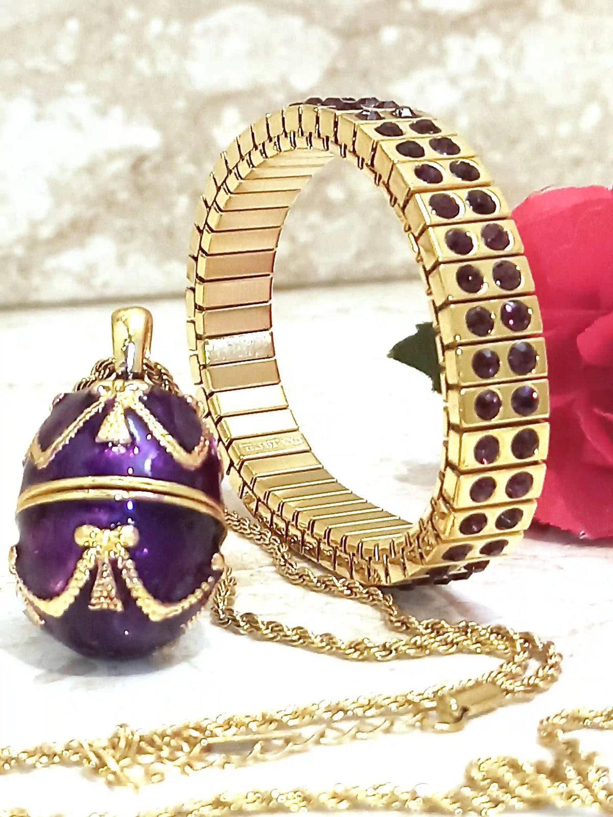 Imperial Amethyst Egg Pendant & Bracelet Set – 24K Gold Accents – Regal Bridal Gift for Her