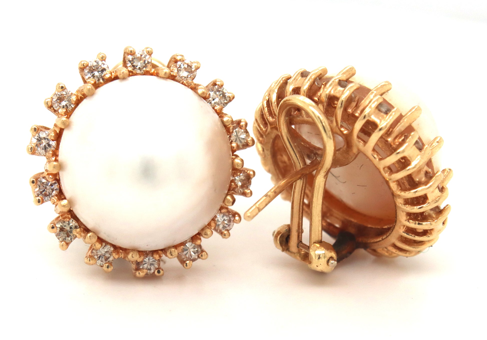 14kt Yellow gold white fresh water button earrings with diamonds