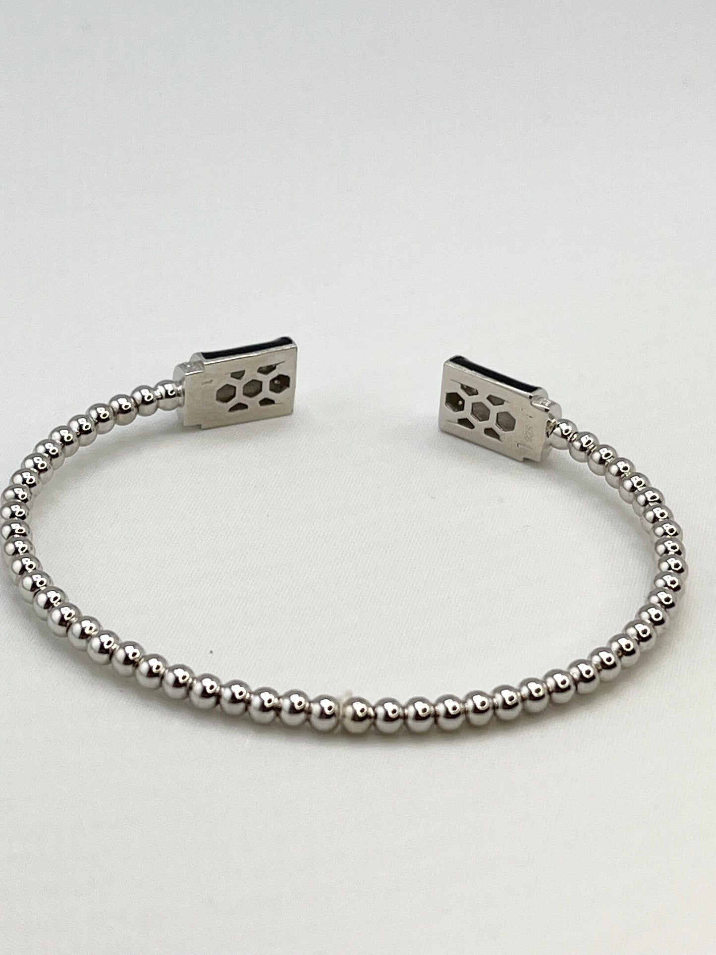925 Sterling Silver Beaded Bar Black Onyx and Crystal Open Bangle