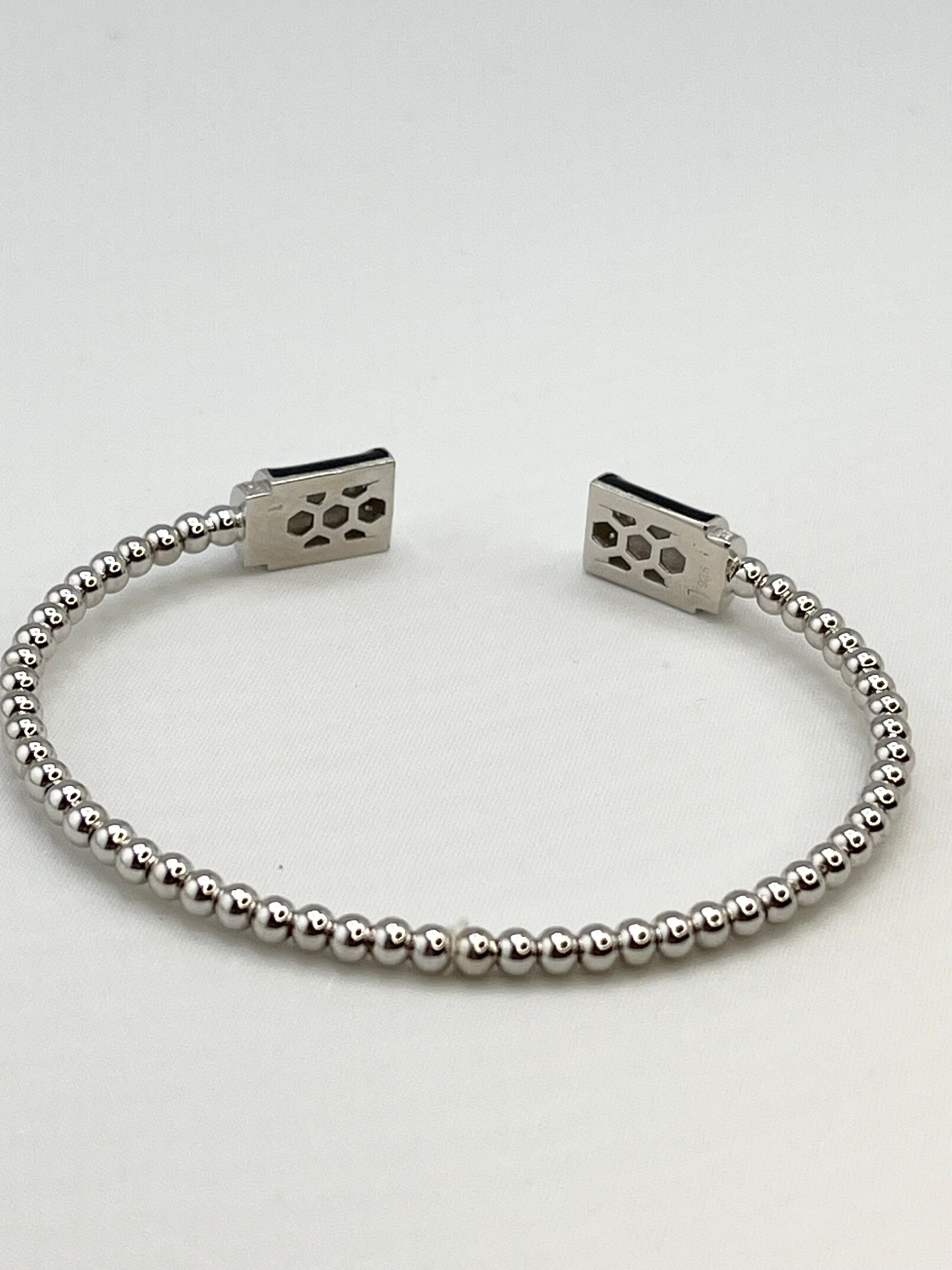 925 Sterling Silver Beaded Bar Black Onyx and Crystal Open Bangle