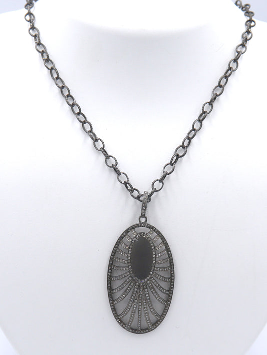 Edgy Oxidized Sterling Silver Openwork Art Deco Style Oval Necklace