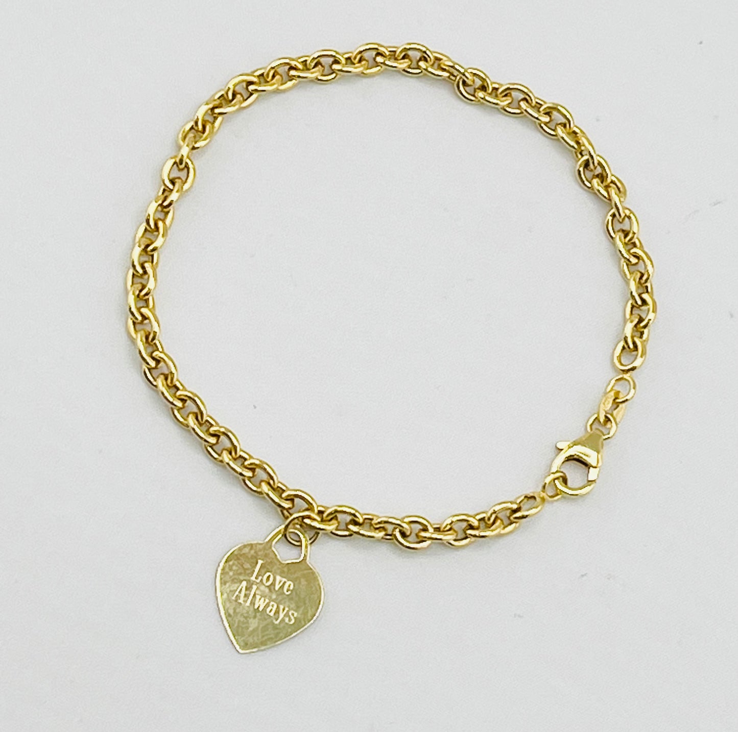 14KT Yellow Gold Rolo Link Engraved Love Always 50Th Heart Charm Bracelet
