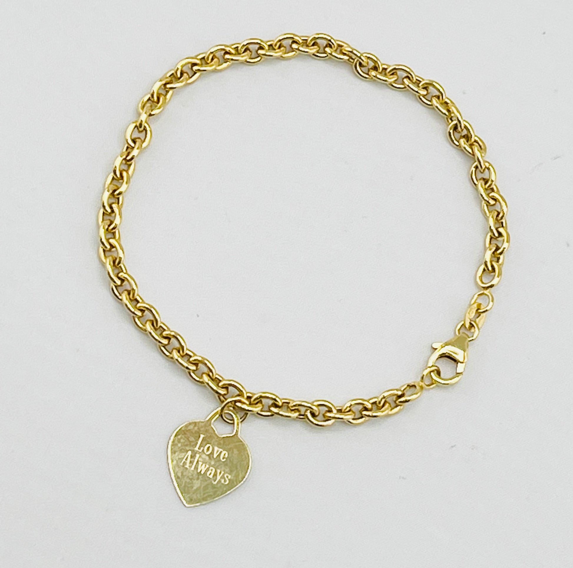 14KT Yellow Gold Rolo Link Engraved Love Always 50Th Heart Charm Bracelet