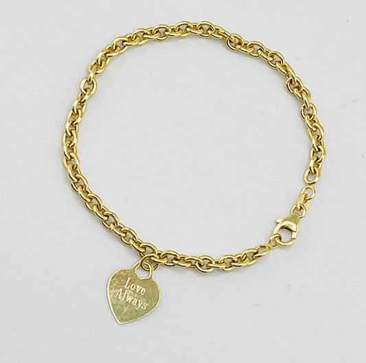 14KT Yellow Gold Rolo Link Engraved Love Always 50Th Heart Charm Bracelet