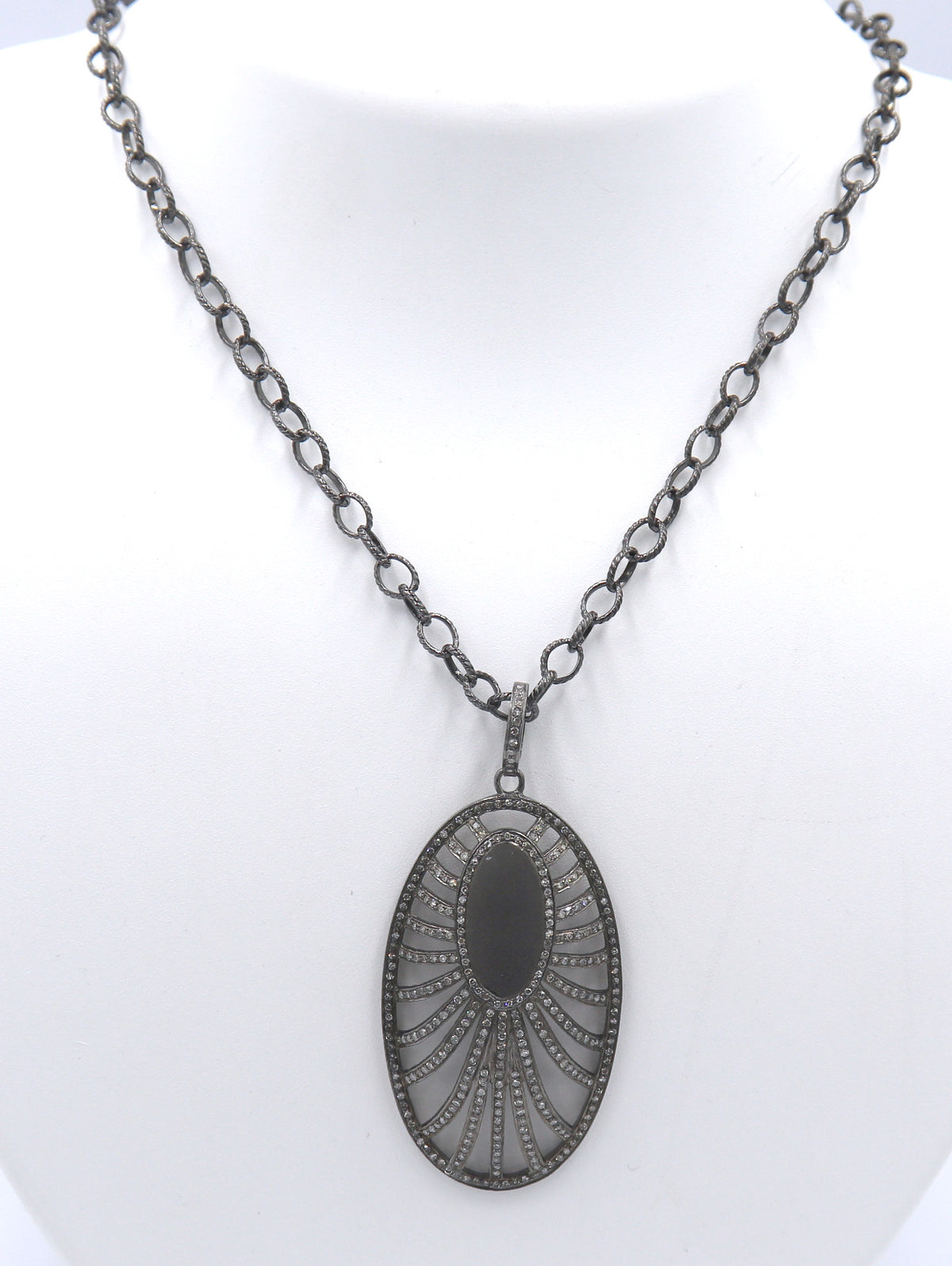Edgy Oxidized Sterling Silver Openwork Art Deco Style Oval Necklace