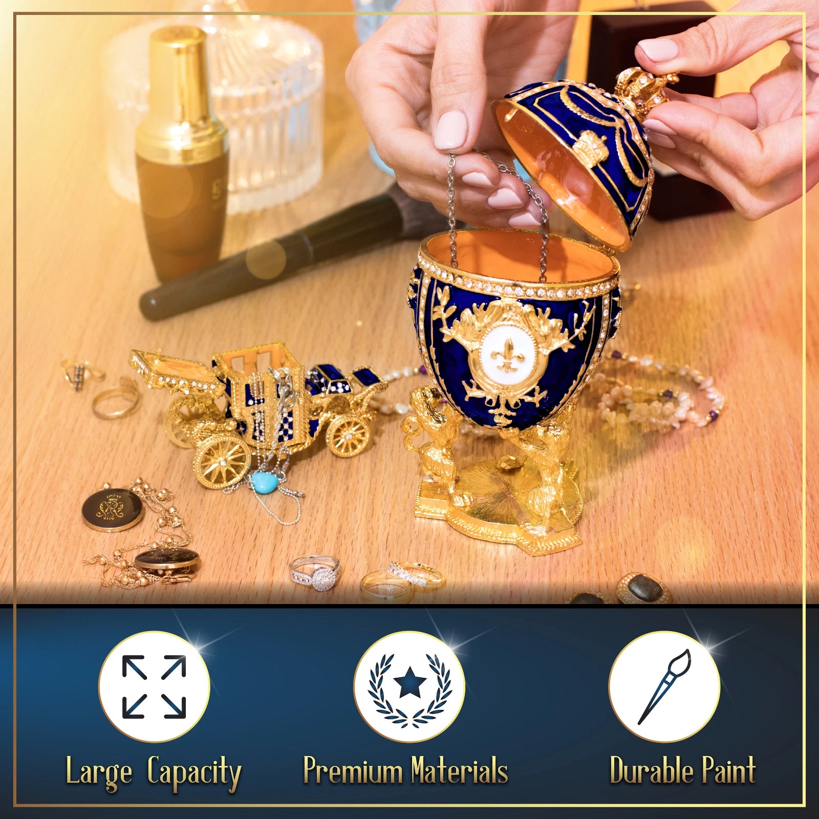 Royal Imperial Blue Russian Fabergé Egg Replica with Blue Carriage