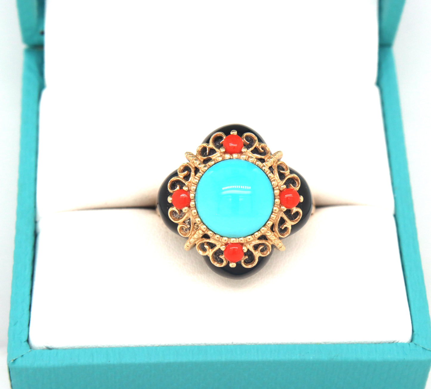 14kt Yellow gold black onyx, Turquoise and coral cocktail ring