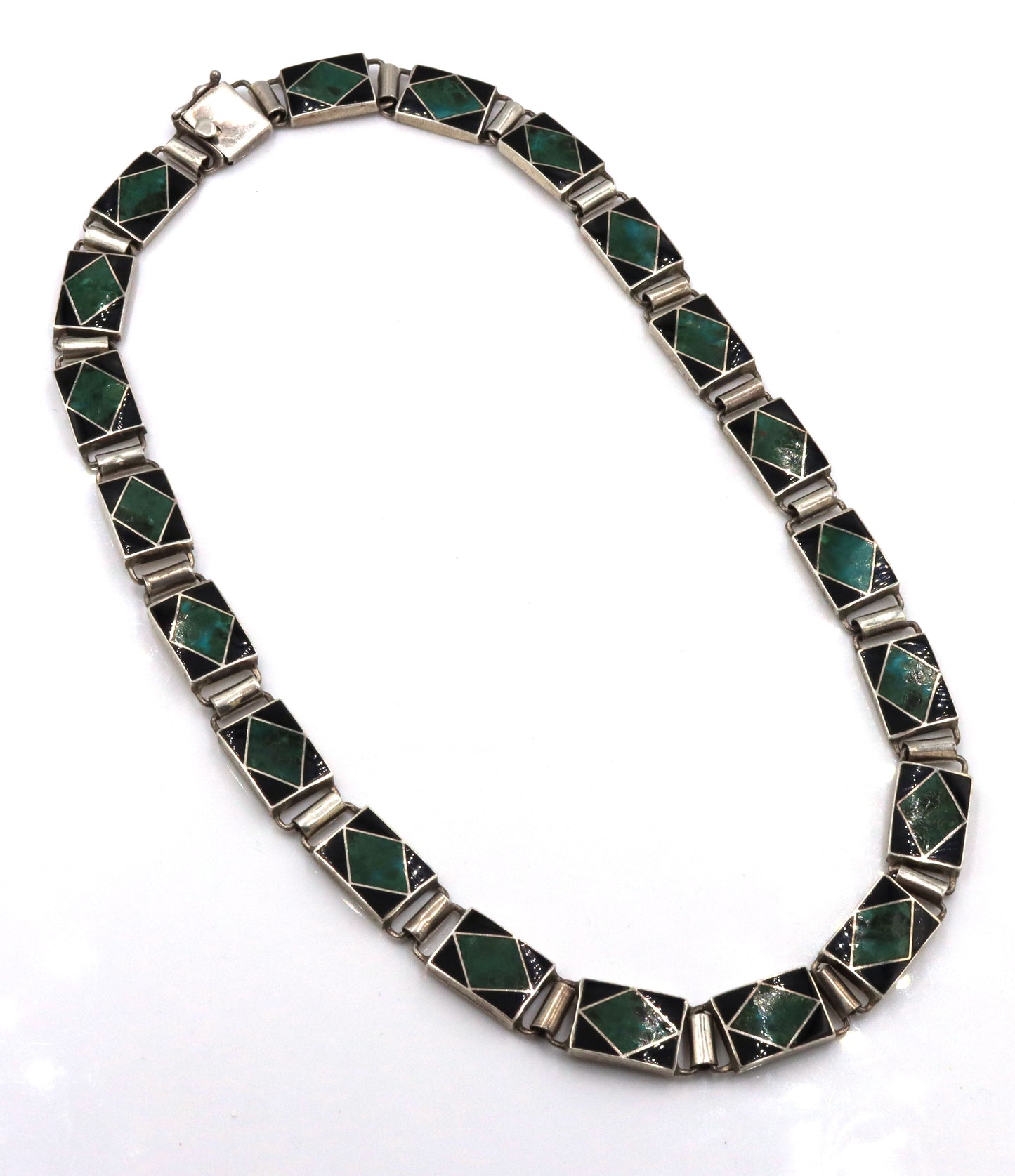 Vintage 925 Sterling Silver Art Deco Inlaid Malachite And Onyx Necklace
