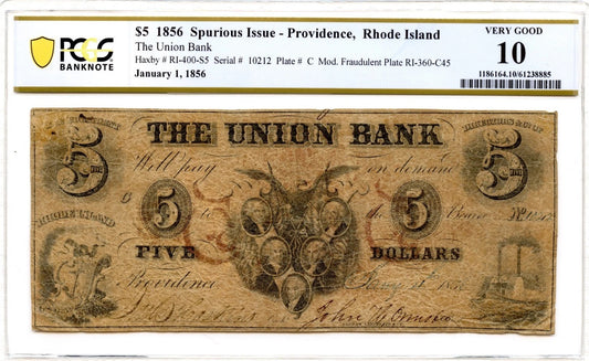 1856 $5 Union Bank Providence Rhode Island Obsolete Note PCGS VG-10 Spurious