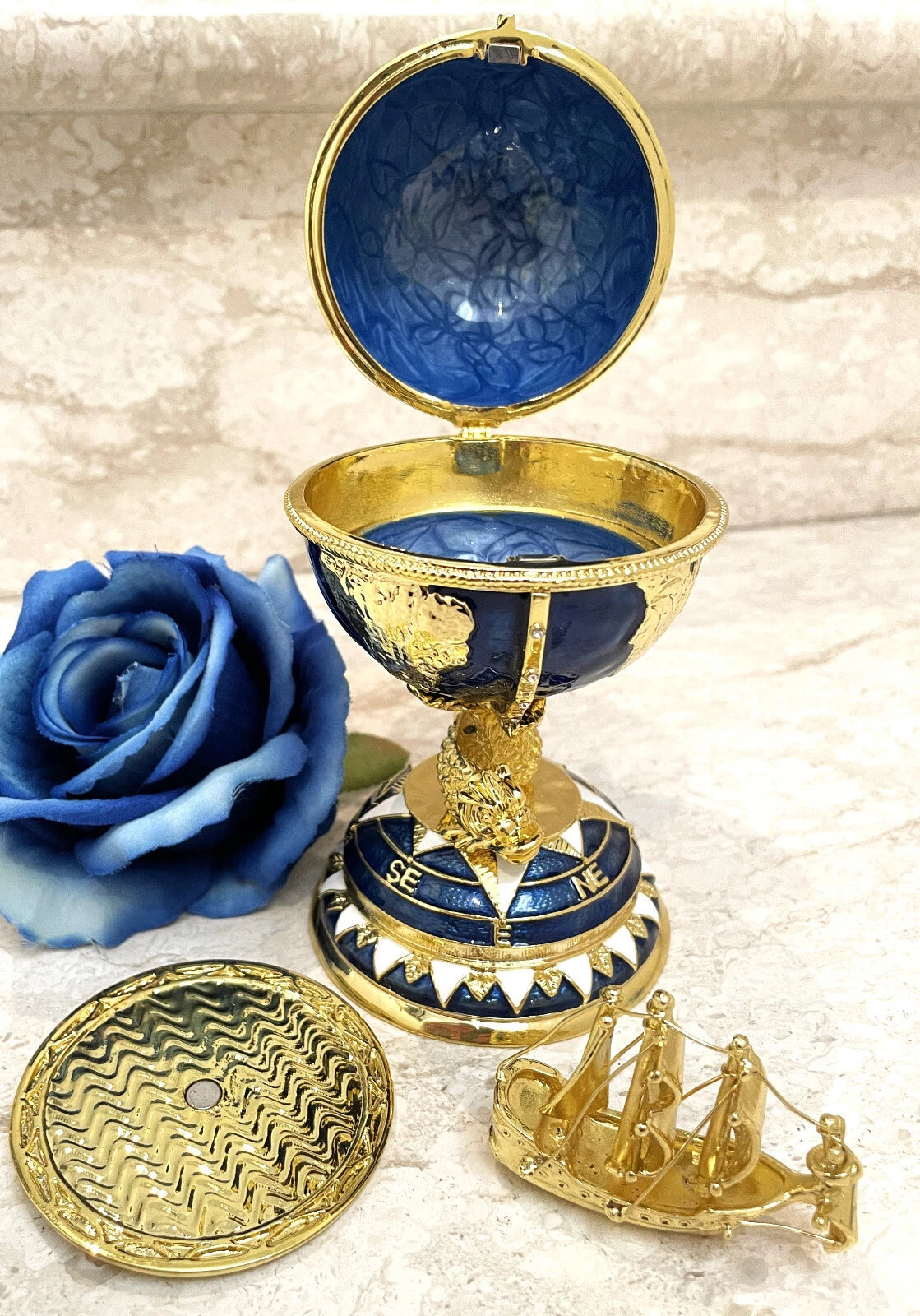 Handcrafted Sapphire & Gold Egg Trinket Box – Symbol of Good Luck and Prosperity