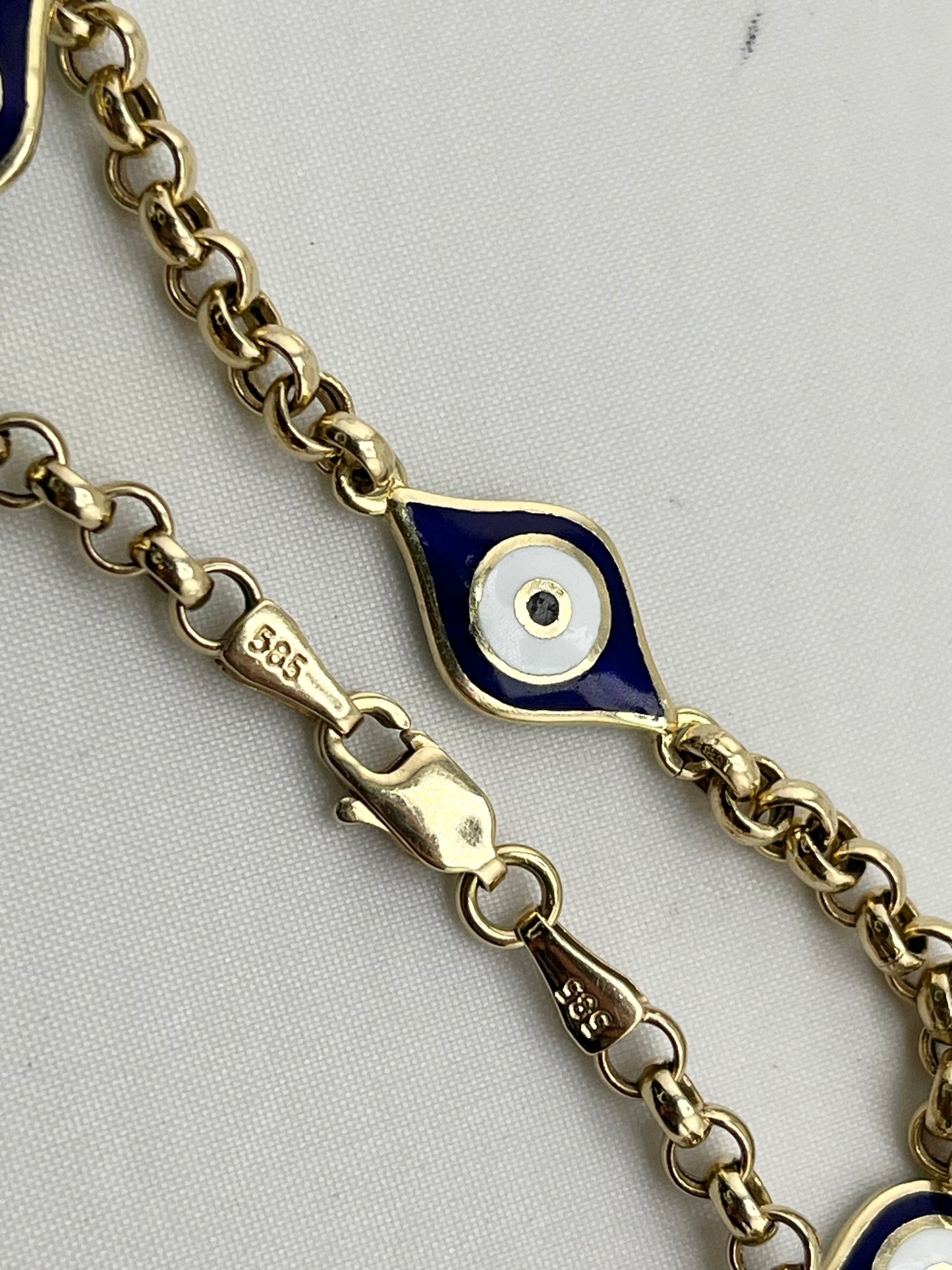 14KT Yellow Gold Two Different Enamel Color Evil Eye With Rolo link Chain