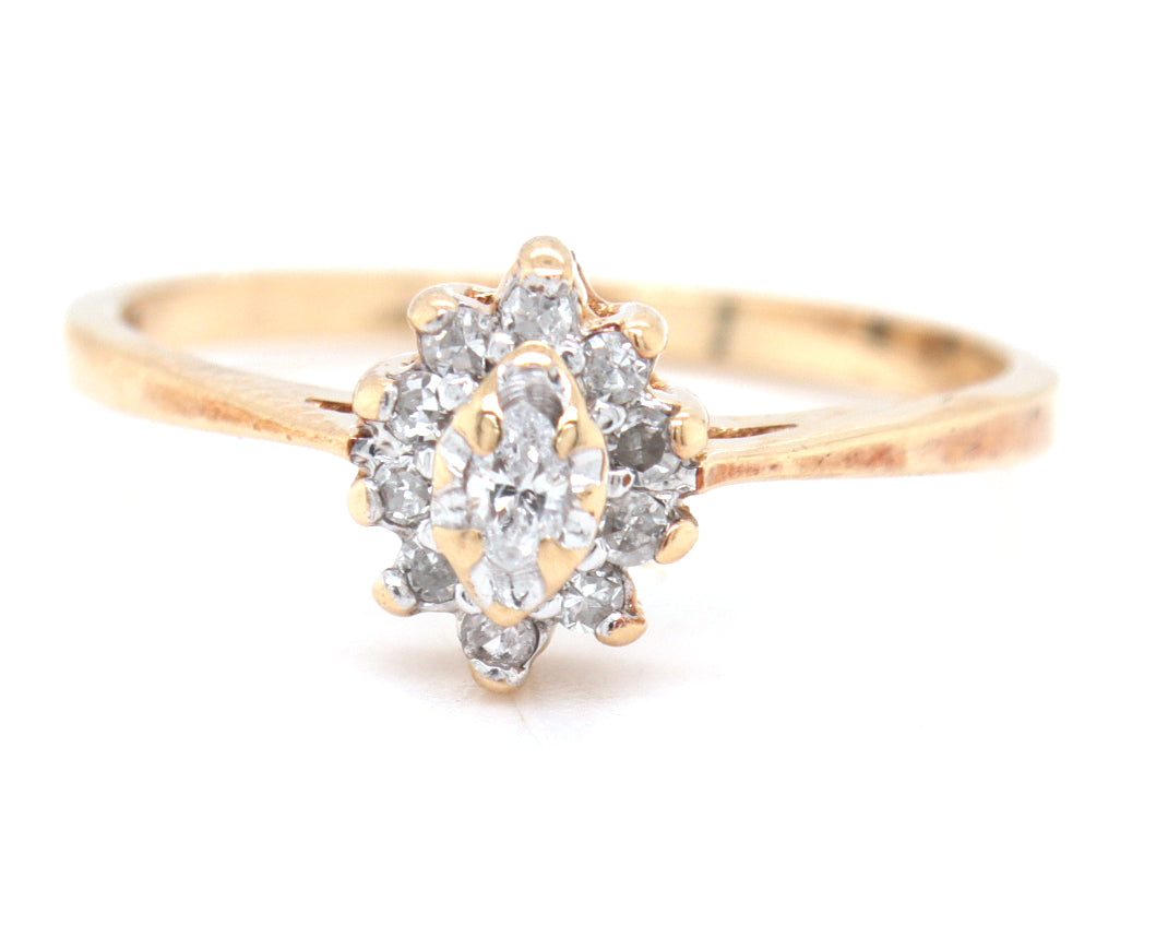 10kt Yellow gold 0.15ctw marquise and round brilliant cut diamond cluster ring