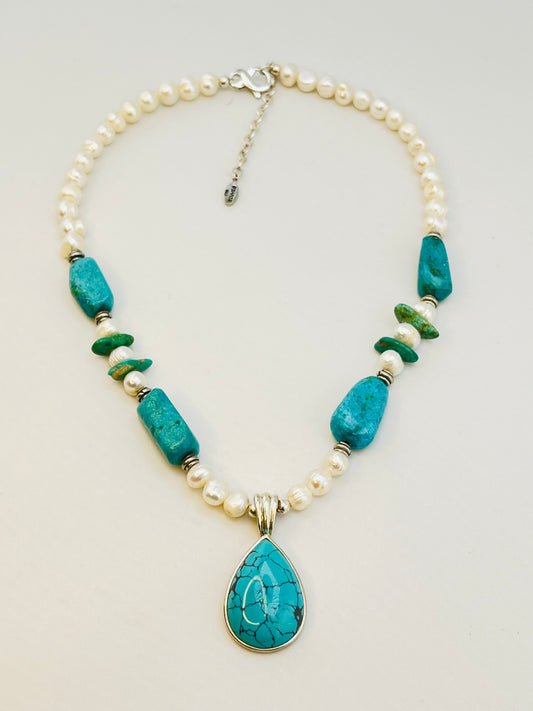 925 Sterling Silver Barse Signed Turquoise And Pearl necklace With Tear Drop Pendant