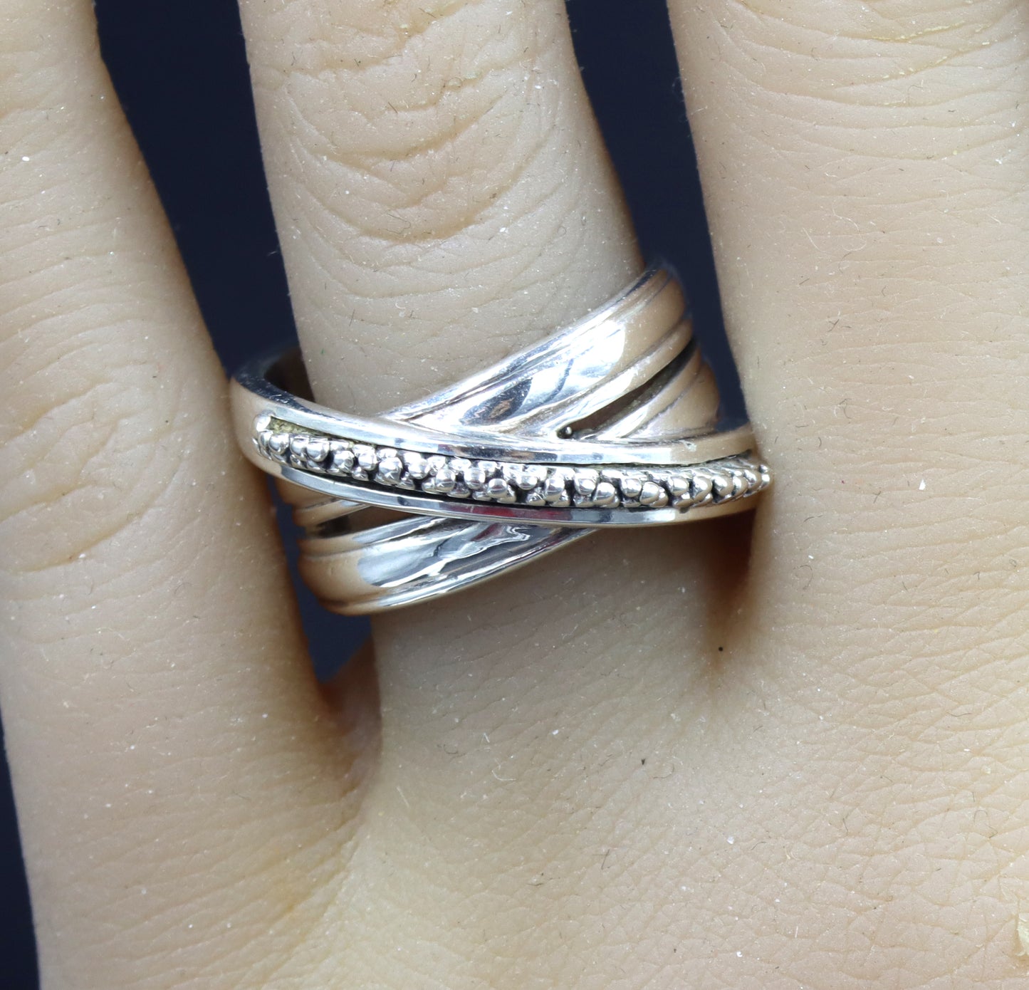 Michael Dawkins bead cross over ring in 925 sterling silver