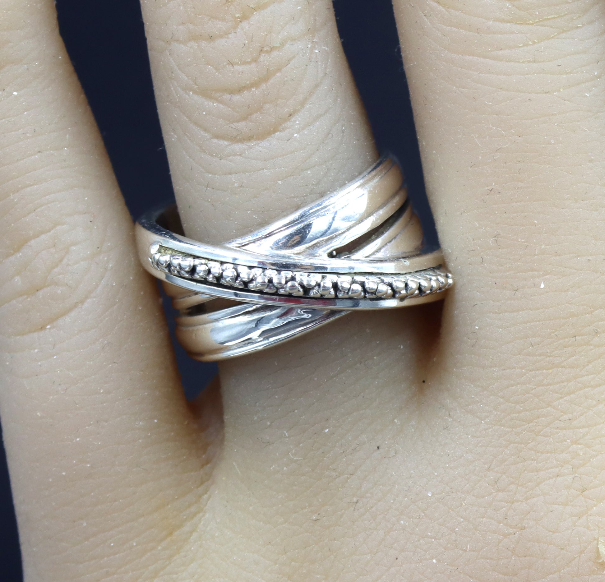 Michael Dawkins bead cross over ring in 925 sterling silver