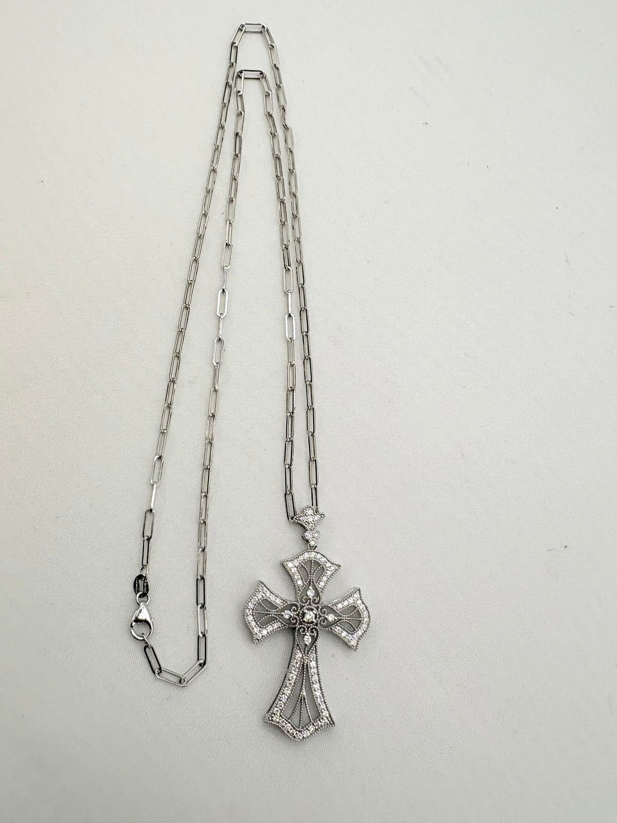 14KT White Gold Ornate Gothic Natural Diamond Pave Cross With Beautifil Paper Clip Chain Necklace