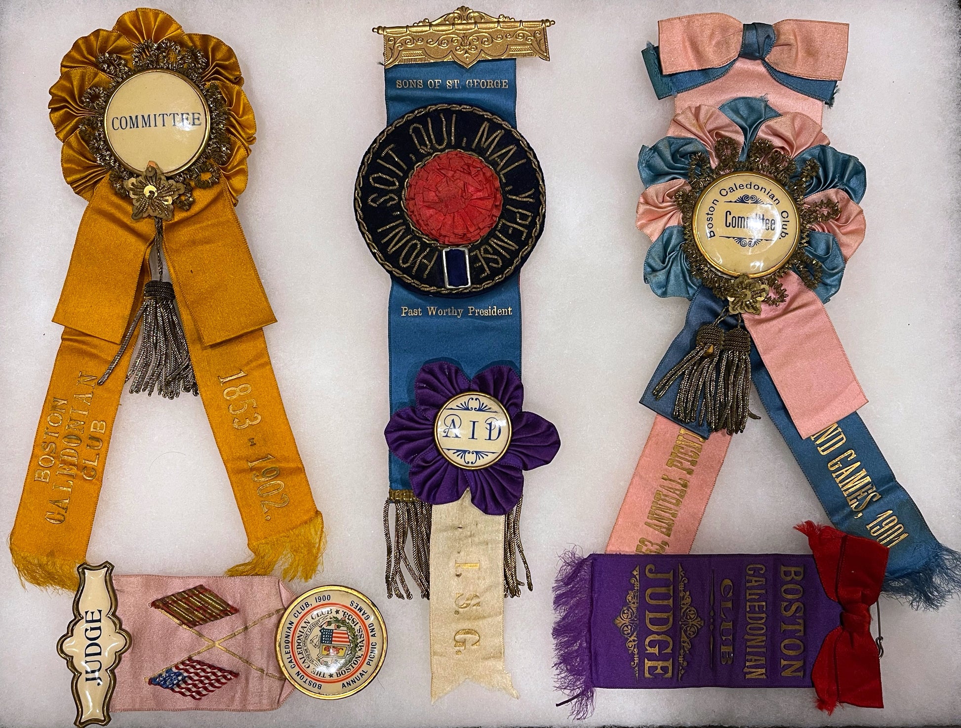 Antique Fraternal & Social Club Ribbon Badges – Boston Caledonian Club & Sons of St. George (Early 1