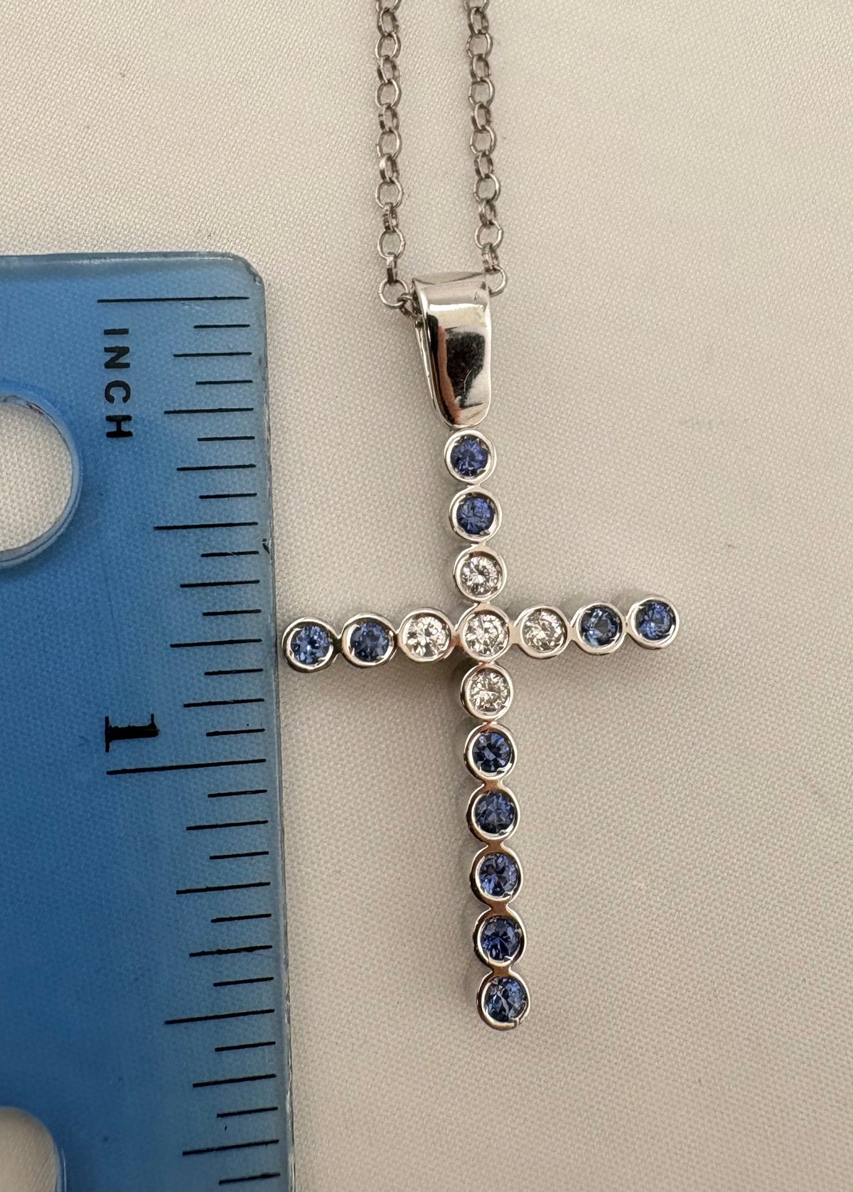 14KT White Gold Bezel Set Natural Diamond And Blue Sapphires  With Cable Style Italian Chain Necklac