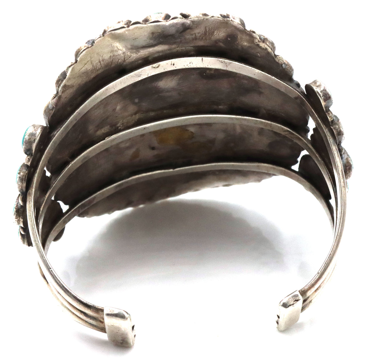925 Vintage Sterling Silver Rare Large Intricate Cluster  Natural Turquoise Cuff Bracelet