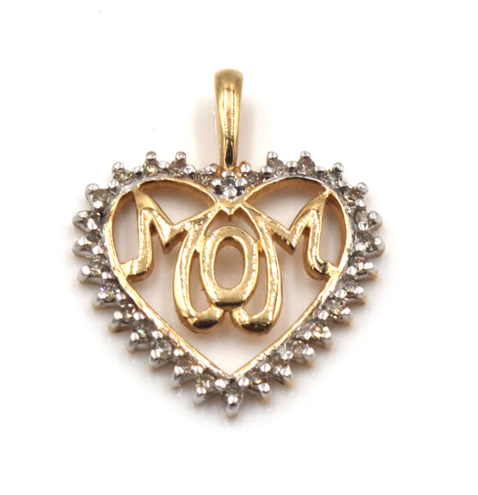 10kt Yellow gold heart shaped MOM diamond pendant
