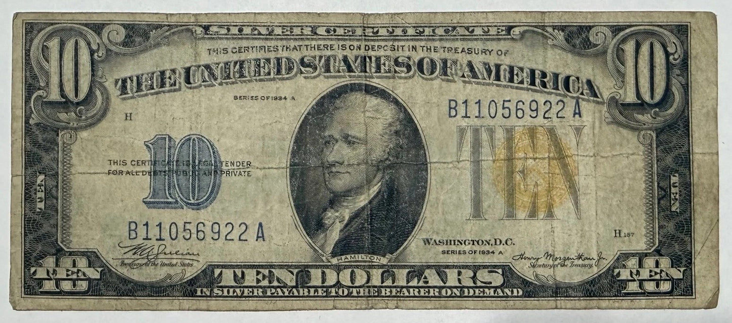 Series 1934-A $10 Silver Certificate Alexander Hamilton Blue Seal Circulated U.S. Paper Currency