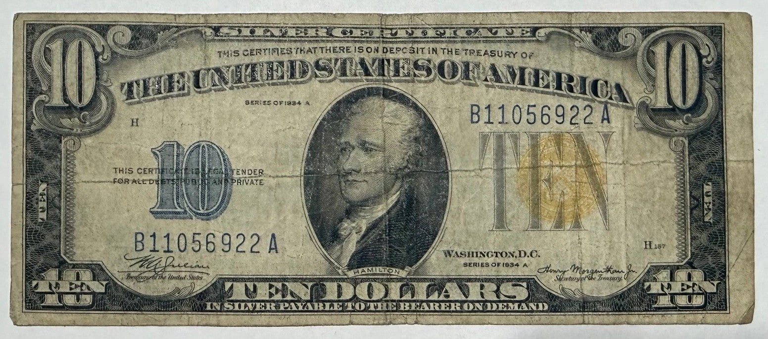 Series 1934-A $10 Silver Certificate Alexander Hamilton Blue Seal Circulated U.S. Paper Currency