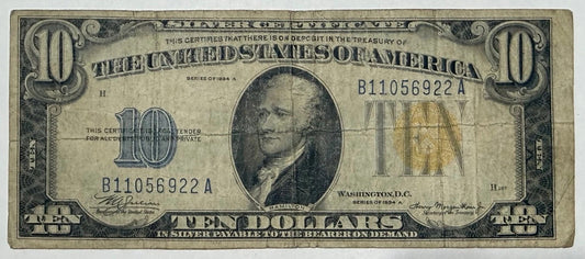 Series 1934-A $10 Silver Certificate Alexander Hamilton Blue Seal Circulated U.S. Paper Currency