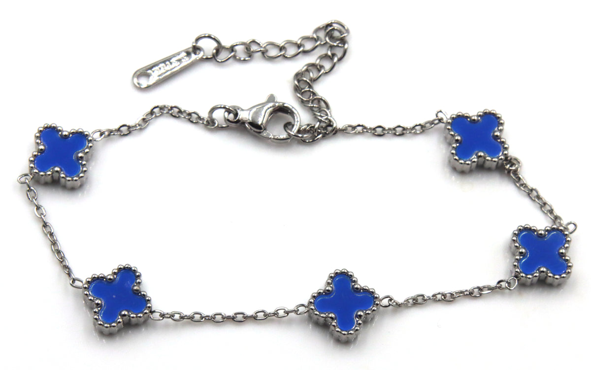 Stainless steel blue stone clover station bracelet