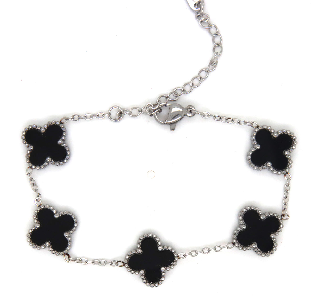 Stainless steel black onyx clover link bracelet