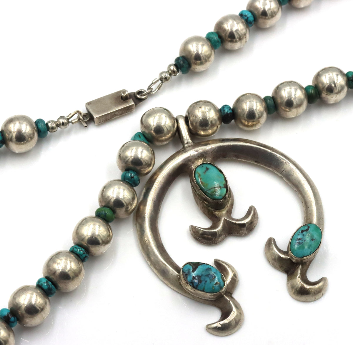 925 Mexican Sterling Silver Vintage Native American Squash Blossom With Turquoise Necklace
