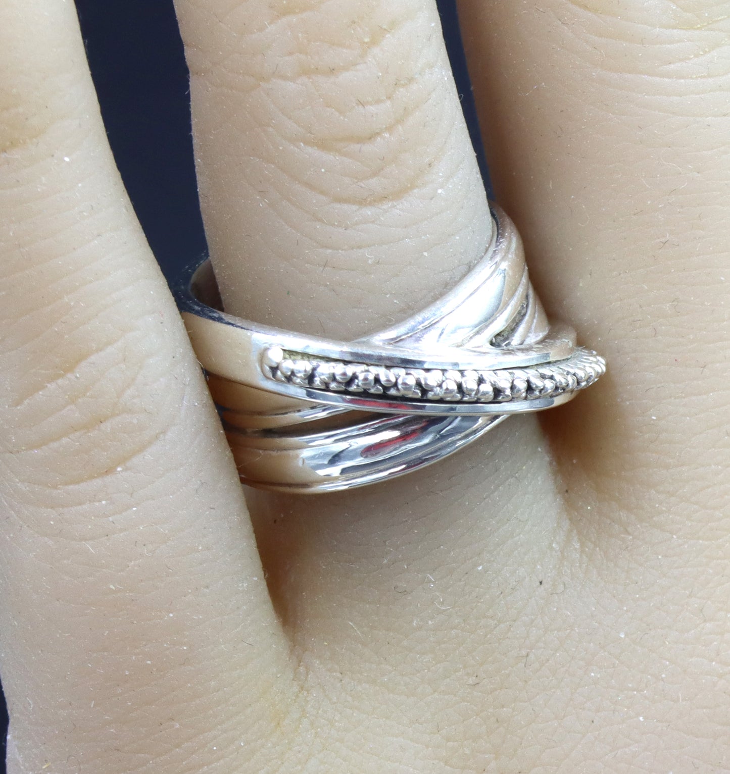 Michael Dawkins bead cross over ring in 925 sterling silver