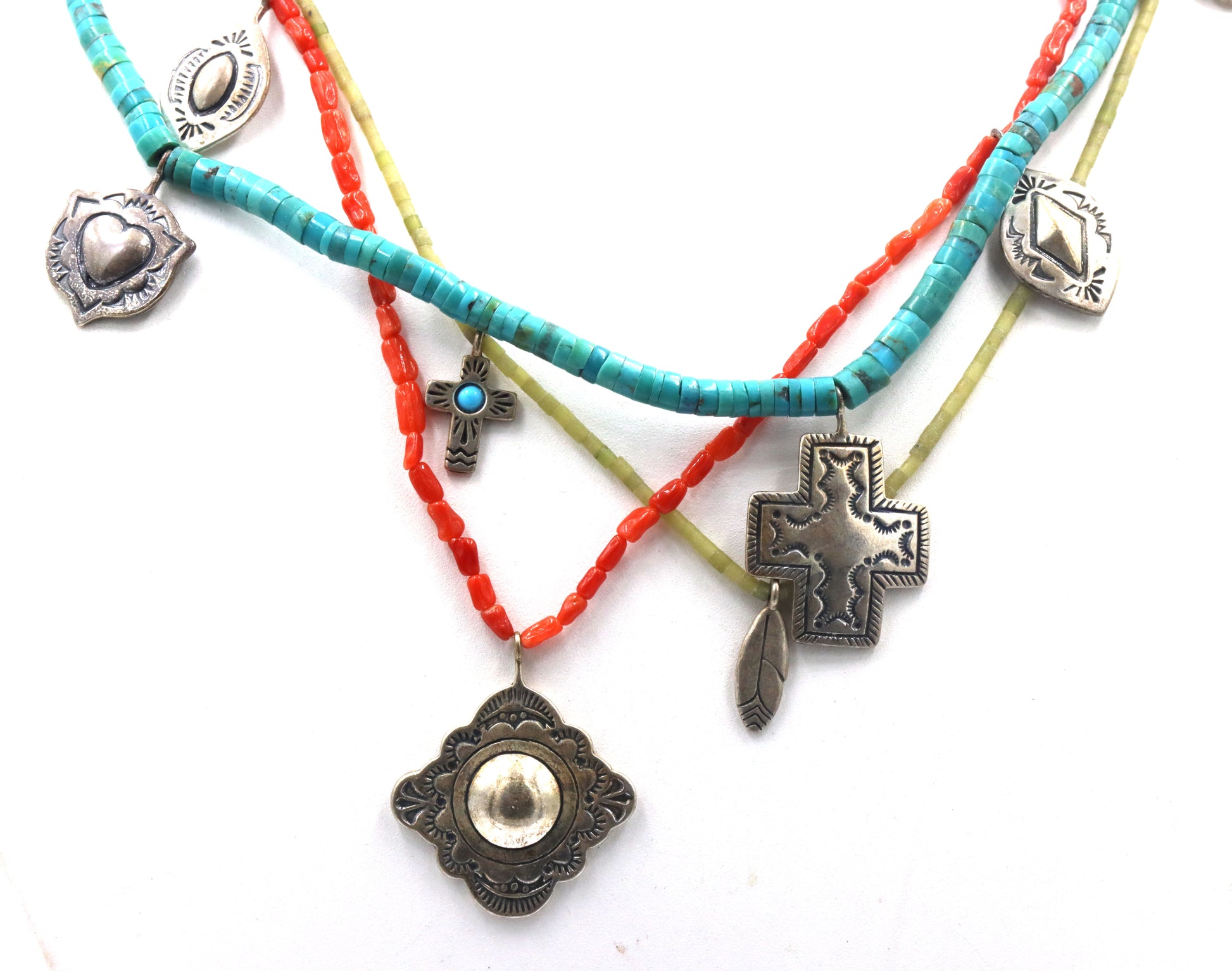 American Indian Navajo 3 strand turquoise and coral necklace with charms