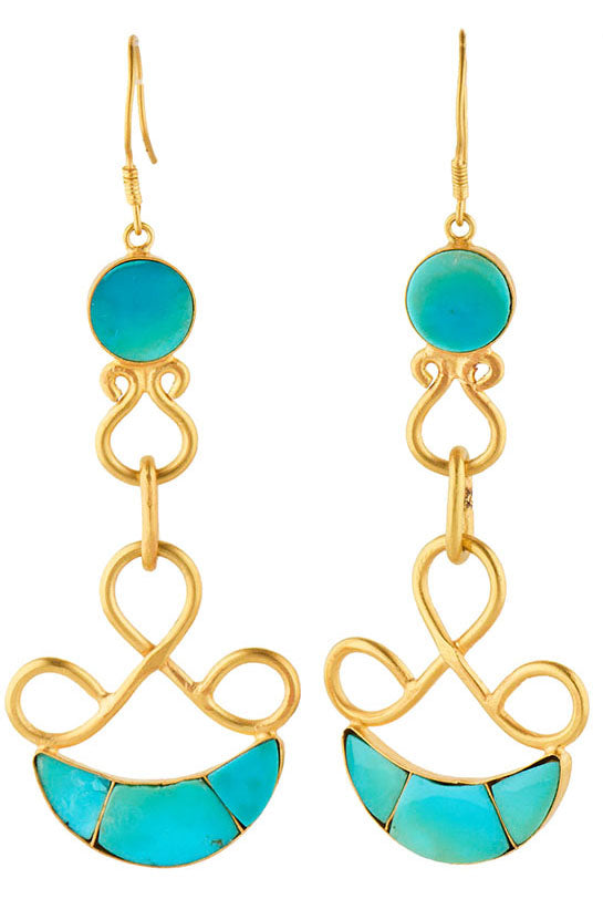 Turquoise Inlay Moon Phase Dangle Earrings in 18K