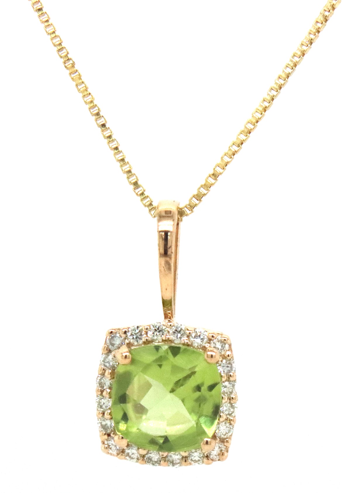 10kt Yellow gold Peridot and diamond pendant on chain