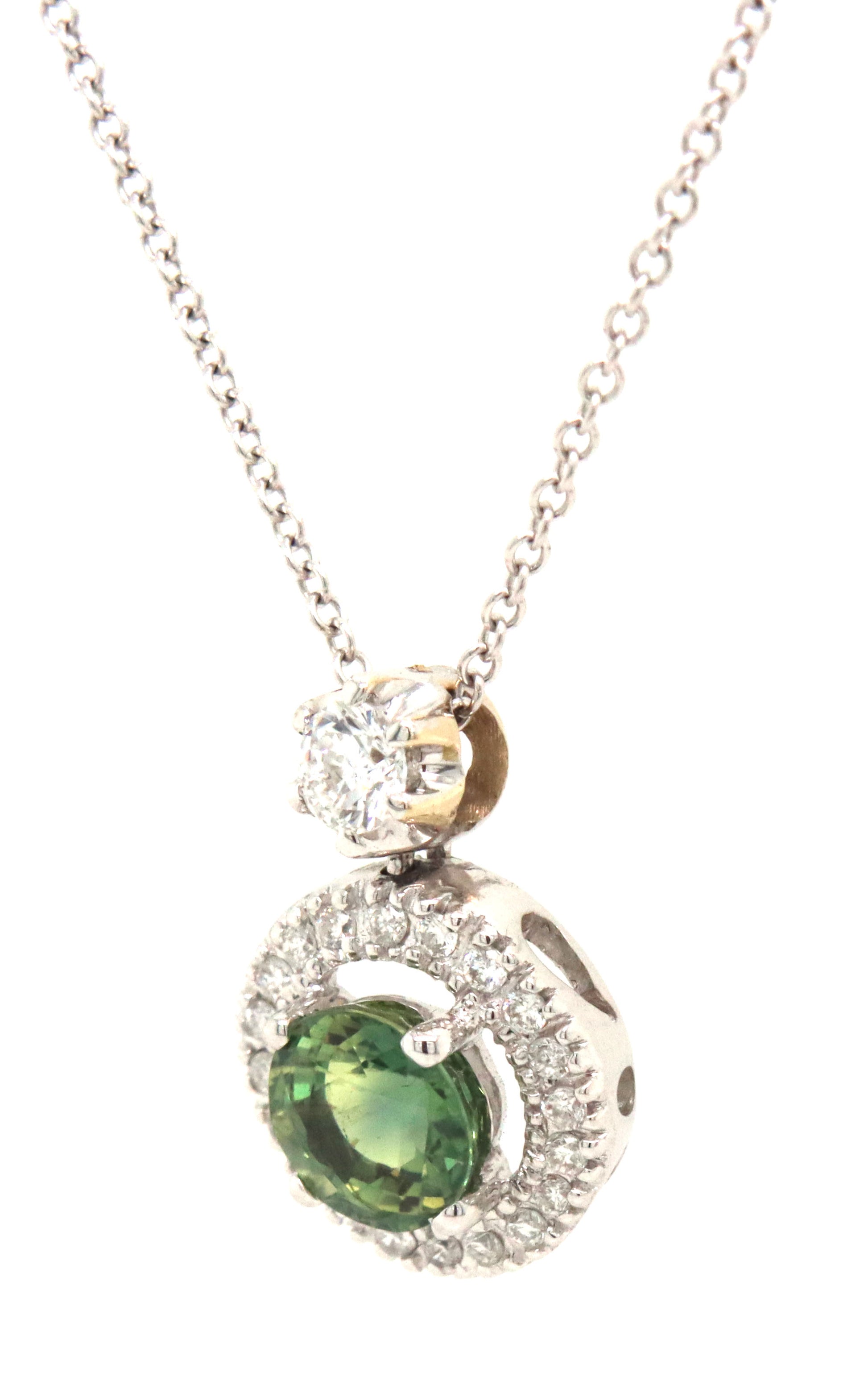18kt White gold green sapphire and diamond pendant on chain