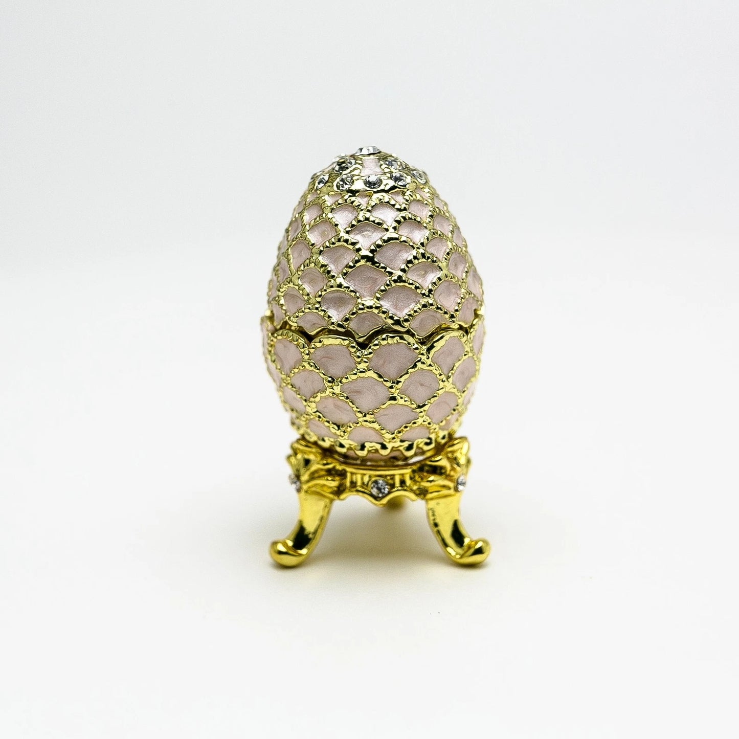 Hand-Painted Golden Pink Enamel Egg Trinket Box with Crystal Accents